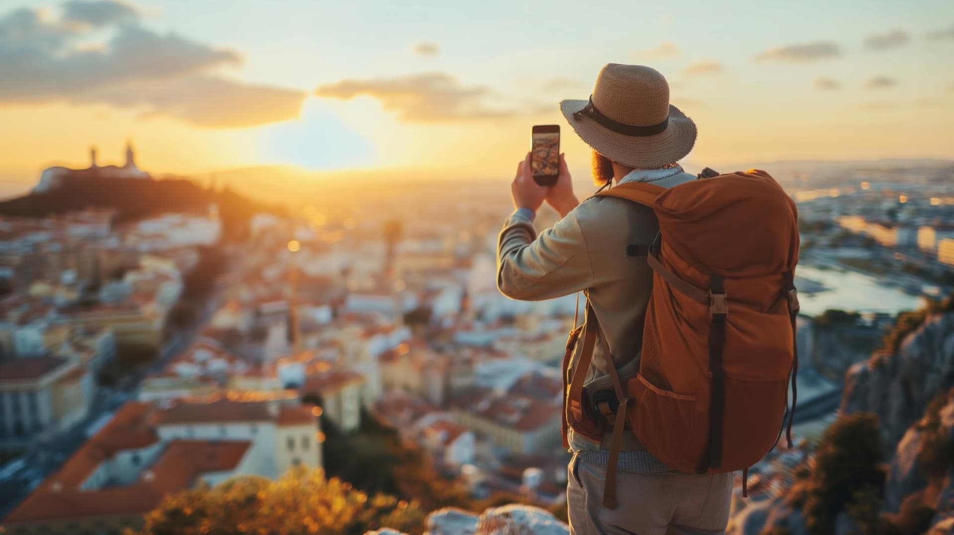 Traveler with backpack taking photo